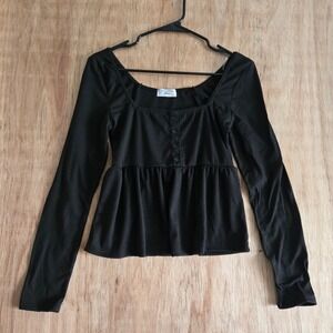 Electric Behaviour Black Ribbed‎ Peplum Top Babydoll Square Neck Small Y2K
